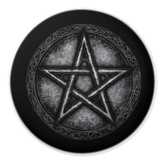 Dark Engraved Metal Look Pentagram Ceramic Knob (Front)
