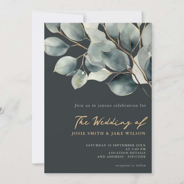 Dark Eucalyptus branch and green leaves wedding Invitation (Front)