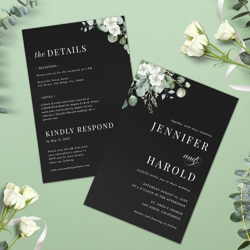 Dark Eucalyptus Minimalist All in One Wedding Invitation