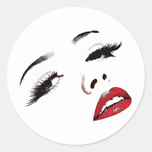 Dark Eyes Red Lips Womans Face Makeup Art Classic Round Sticker