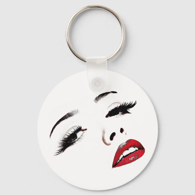 Dark Eyes Red Lips Womans Face Makeup Art Keychain (Front)