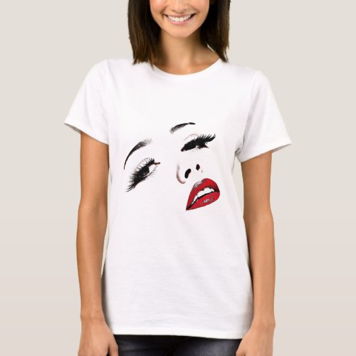 Dark Eyes Red Lips Womans Face Makeup Art T_Shirt