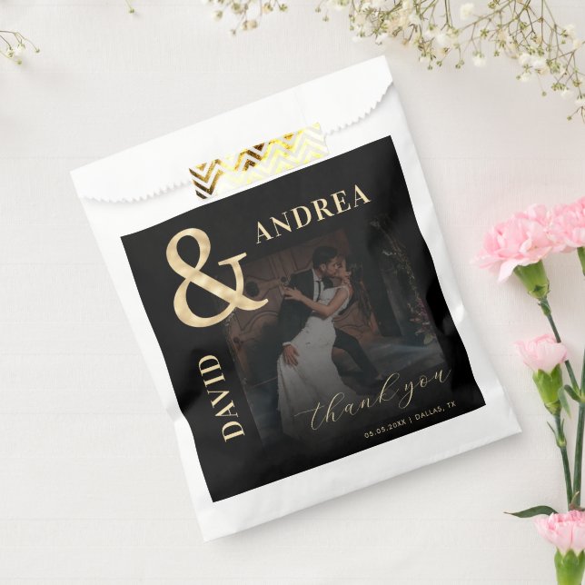 Dark Faded Photo & Gold Ampersand Black Wedding Favor Bag (Sealed)