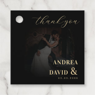 Dark Faded Photo & Gold Ampersand Black Wedding Favor Tags