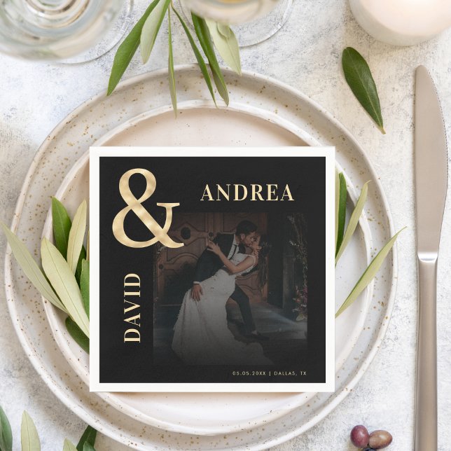 Dark Faded Photo & Gold Ampersand Black Wedding Napkins (Creator Uploaded)