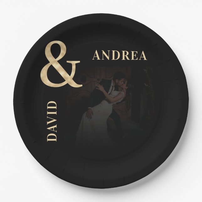 Dark Faded Photo & Gold Ampersand Black Wedding Paper Plates (Front)