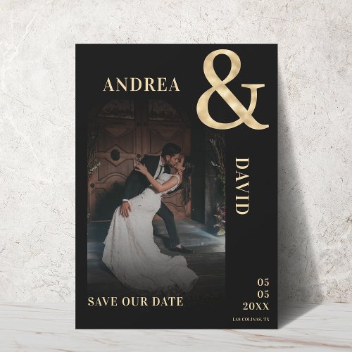 Dark Faded Photo  Gold Ampersand Black Wedding    Save The Date