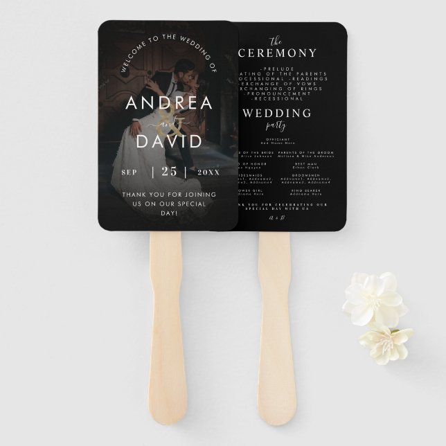 Dark Faded Photo Gold Ampersand Ceremony Program Hand Fan (Front and Back)