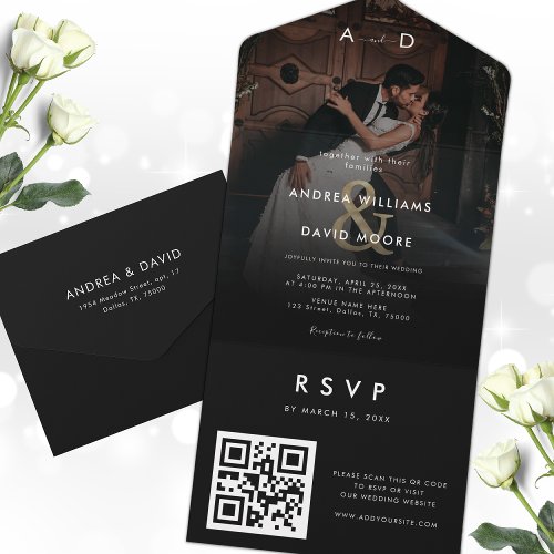 Dark Faded Photo Gold Ampersand  QR Code Wedding All In One Invitation