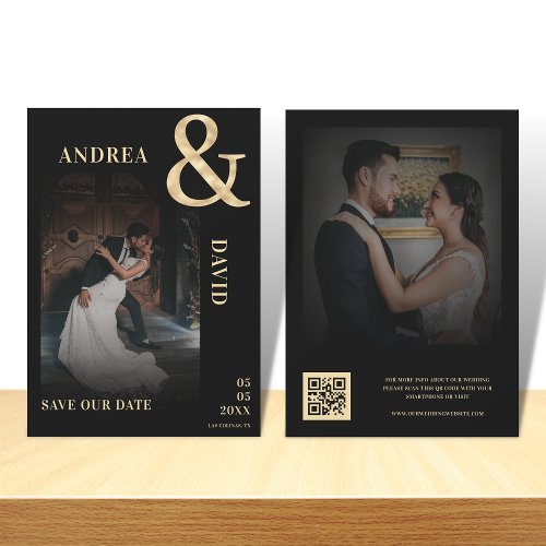 Dark Faded Photo Gold Ampersand QR Code Wedding    Save The Date