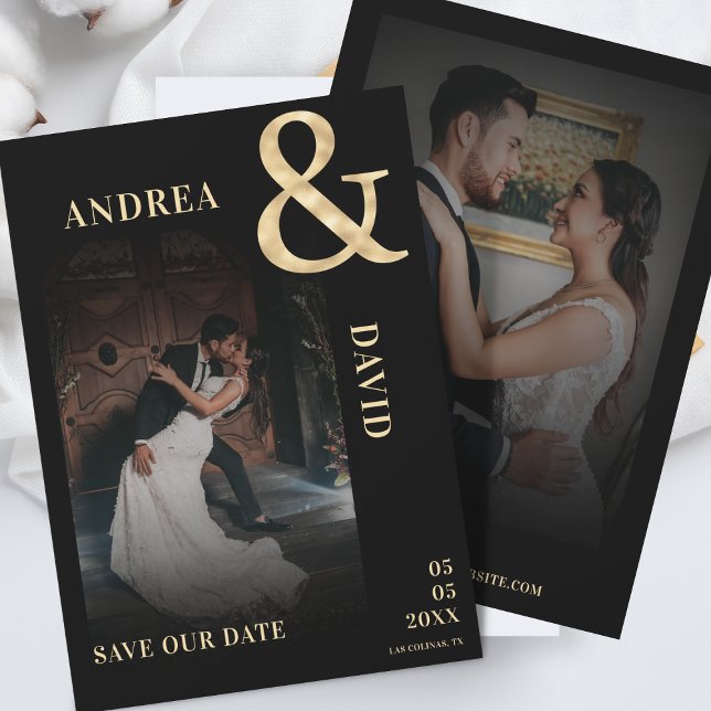 Dark Faded Photo Gold Ampersand Wedding Website    Save The Date (Creator Uploaded)