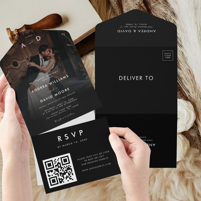 Dark Faded Photo Modern Minimalist QR Code Wedding All In One Invitation (Creator Uploaded)