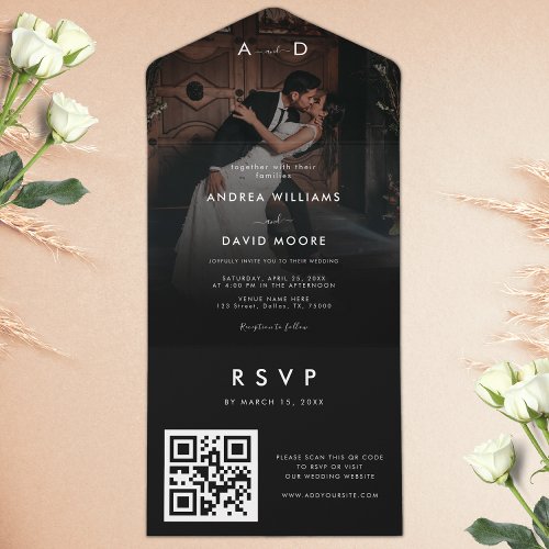 Dark Faded Photo Modern Minimalist QR Code Wedding All In One Invitation