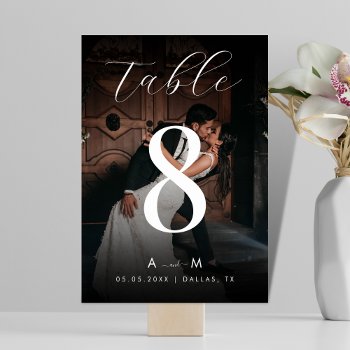 Dark Faded Photo & Monogram Elegant Black Wedding Table Number by LovelyVibeZ at Zazzle