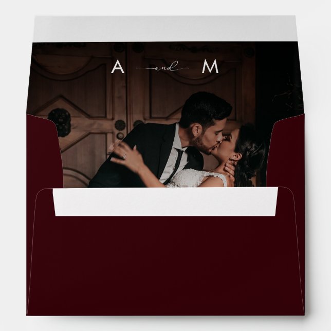 Dark Faded Photo Monogram Elegant Burgundy Wedding Envelope (Back (Bottom))