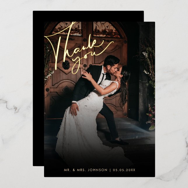Dark Faded Photo Romantic Black Thank You Wedding Foil Invitation (Front/Back)
