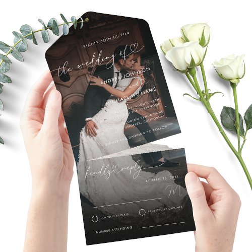 Dark Faded Photo Romantic Heart Script Wedding All In One Invitation