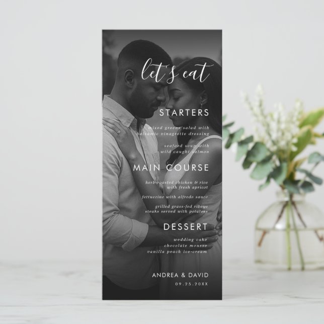 Dark Fading Photo Faded Overlay Let's Eat Wedding Menu (Standing Front)