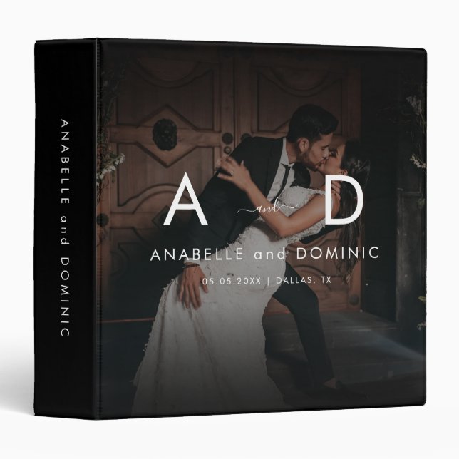 Dark Fading Photo & Monogram Elegant Black Wedding 3 Ring Binder (Front/Spine)