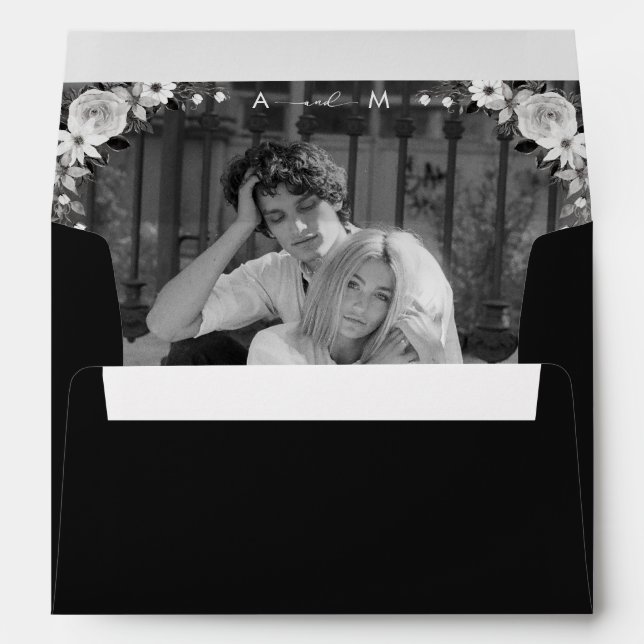 Dark Fading Photo & Monogram Gothic Black Wedding Envelope (Back (Bottom))