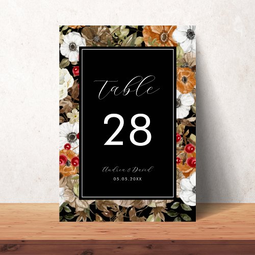 Dark Fall Floral Botanical Autumn Black Wedding    Table Number