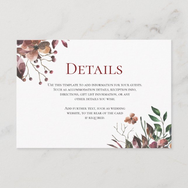 Dark Fall florals Rustic Wedding Details Card (Front)