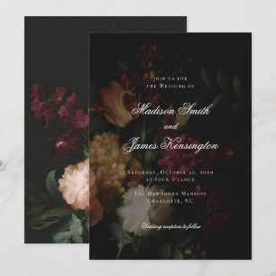 Dark Fall Flowers Calligraphy Black Wedding Invitation