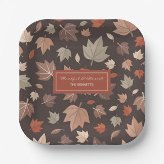 Dark Fall Leaves Family Name Thankful Blessed Paper Plates
