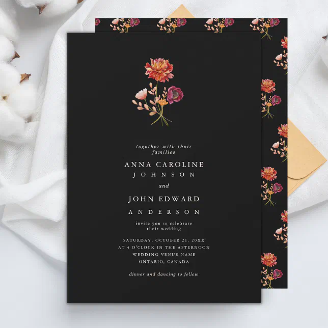 Dark Fall Wildflowers Floral Simple Autumn Wedding Invitation | Zazzle