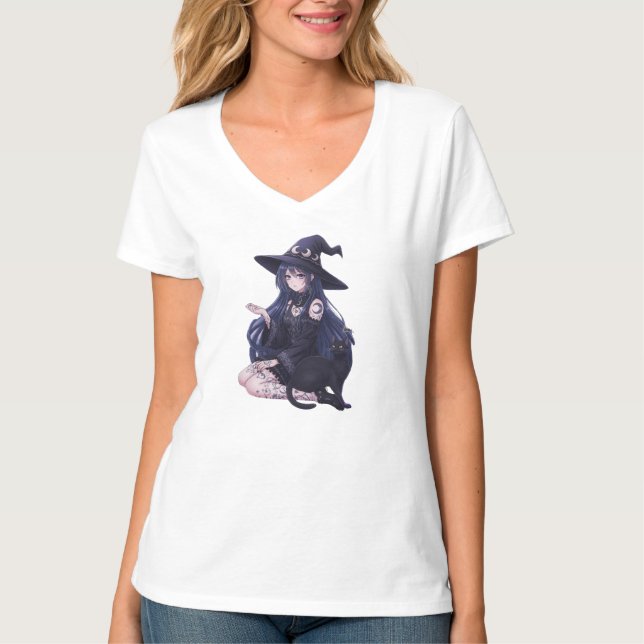 Dark Fantasy Anime Girl & Gothic Black Cat Art T-Shirt (Front)