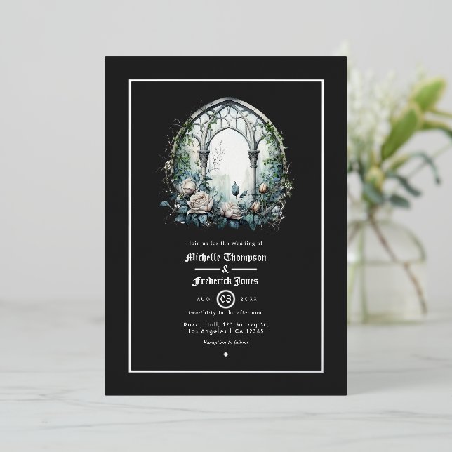Dark Fantasy Castle Window Gothic Wedding Foil Invitation (Standing Front)
