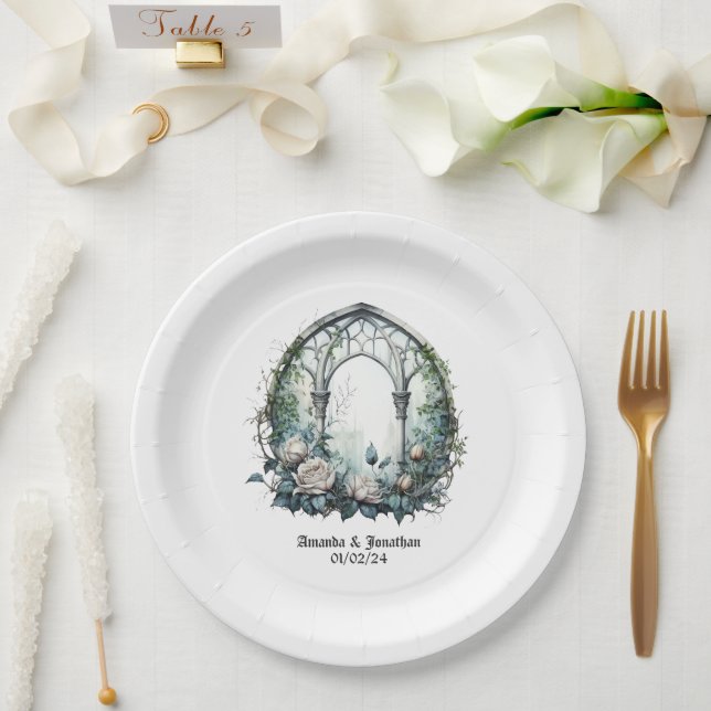 Dark Fantasy Castle Window Gothic Wedding Paper Plates (Wedding)