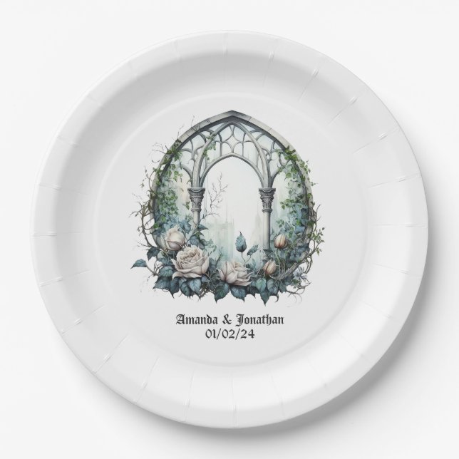 Dark Fantasy Castle Window Gothic Wedding Paper Plates (Front)