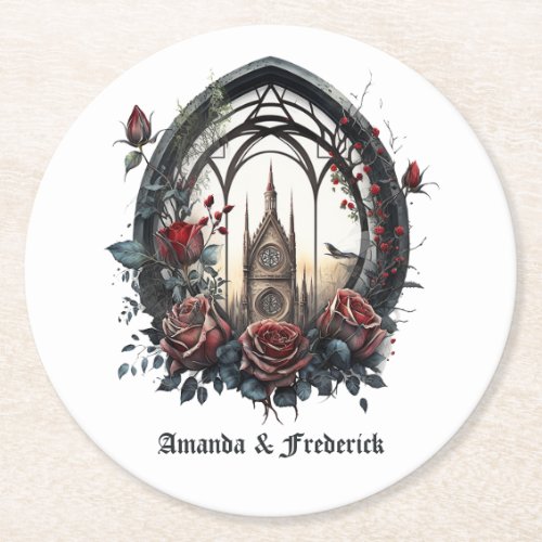 Dark Fantasy Castle Window Gothic Wedding Round Paper Coaster