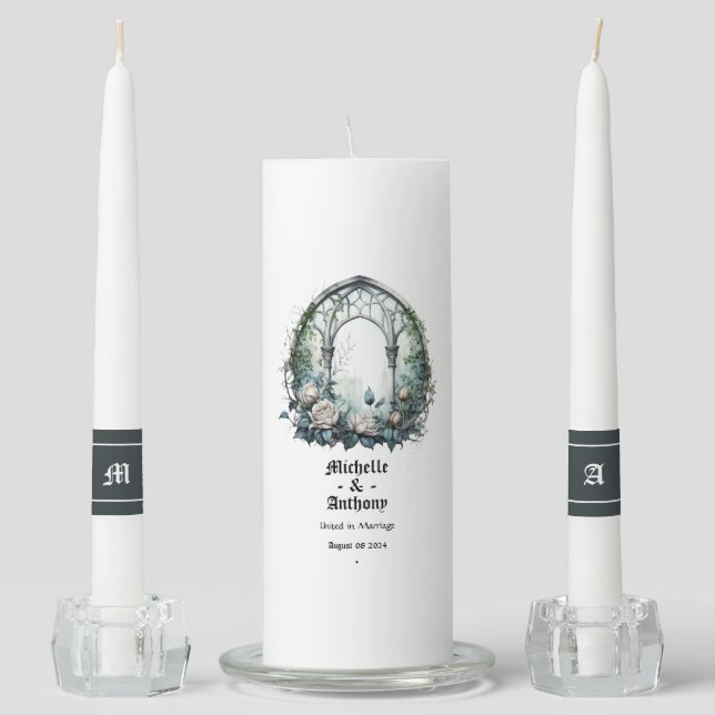 Dark Fantasy Castle Window Gothic Wedding Unity Candle Set (Front)