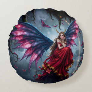 Dark Fantasy Fairy Queen with Butterfly Wings Round Pillow