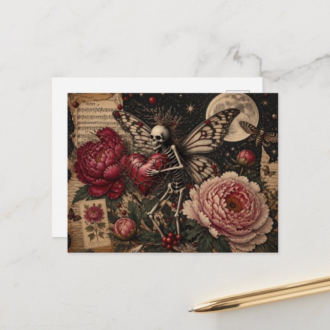 Dark Fantasy Fairy Skeleton and Peony Flowers  Postcard (Front/Back In Situ)