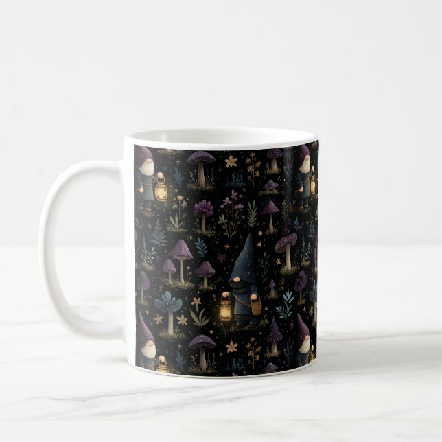 Dark Fantasy Gnome and Mushroom Pattern Coffee Mug (Left)