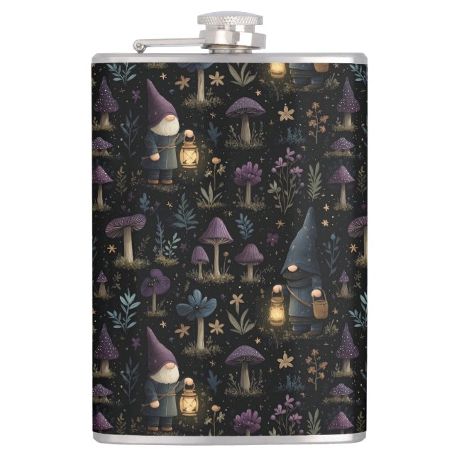 Dark Fantasy Gnome and Mushroom Pattern Flask (Front)