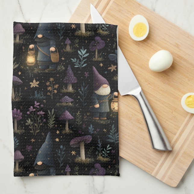 Dark Fantasy Gnome and Mushroom Pattern Kitchen Towel (Quarter Fold)