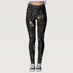 Dark Fantasy Gnome and Mushroom Pattern Leggings