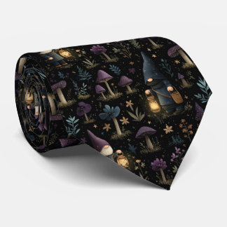 Dark Fantasy Gnome and Mushroom Pattern Neck Tie