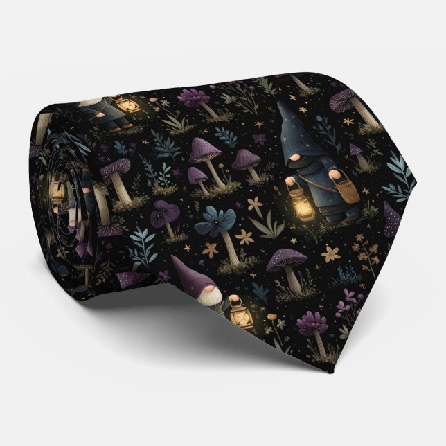 Dark Fantasy Gnome and Mushroom Pattern Neck Tie (Rolled)