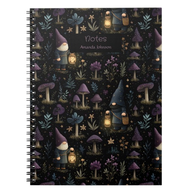 Dark Fantasy Gnome and Mushroom Pattern Notebook (Front)