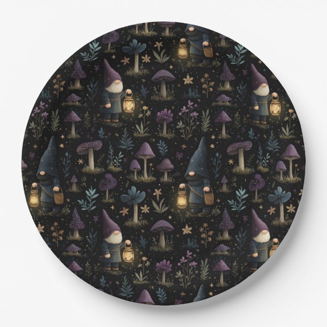 Dark Fantasy Gnome and Mushroom Pattern Paper Plates (Front)