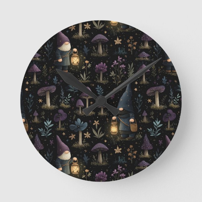 Dark Fantasy Gnome and Mushroom Pattern Round Clock (Front)