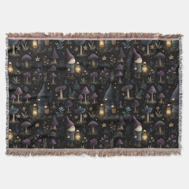 Dark Fantasy Gnome and Mushroom Pattern Throw Blanket (Front)