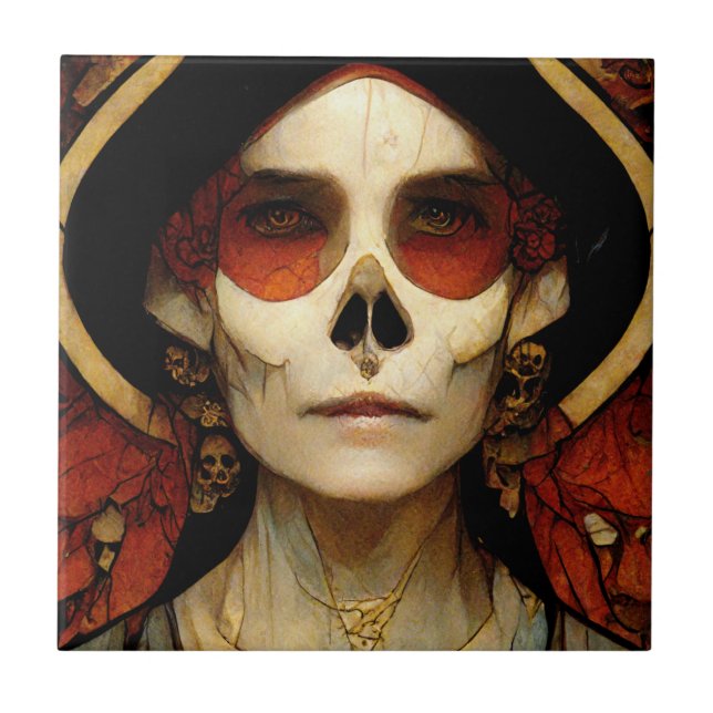 Dark Fantasy Gothic Skull Woman 2 Ceramic Tile (Front)