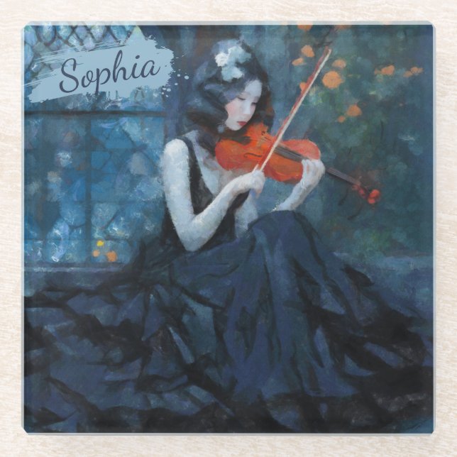 Dark Fantasy Gothic Violinist in Moonlit Garden Glass Coaster (Front)