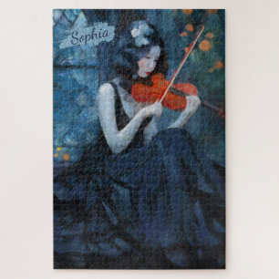 Dark Fantasy Gothic Violinist in Moonlit Garden Jigsaw Puzzle